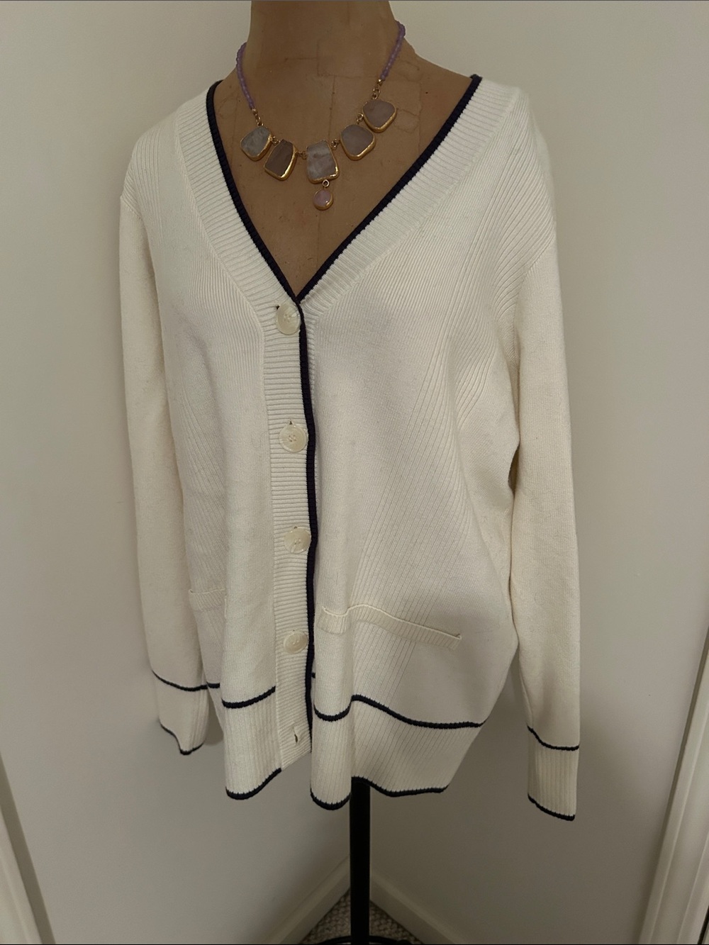 Maeve Classic Cream V-Neck Cardigan with Navy Trim - Women Sweater